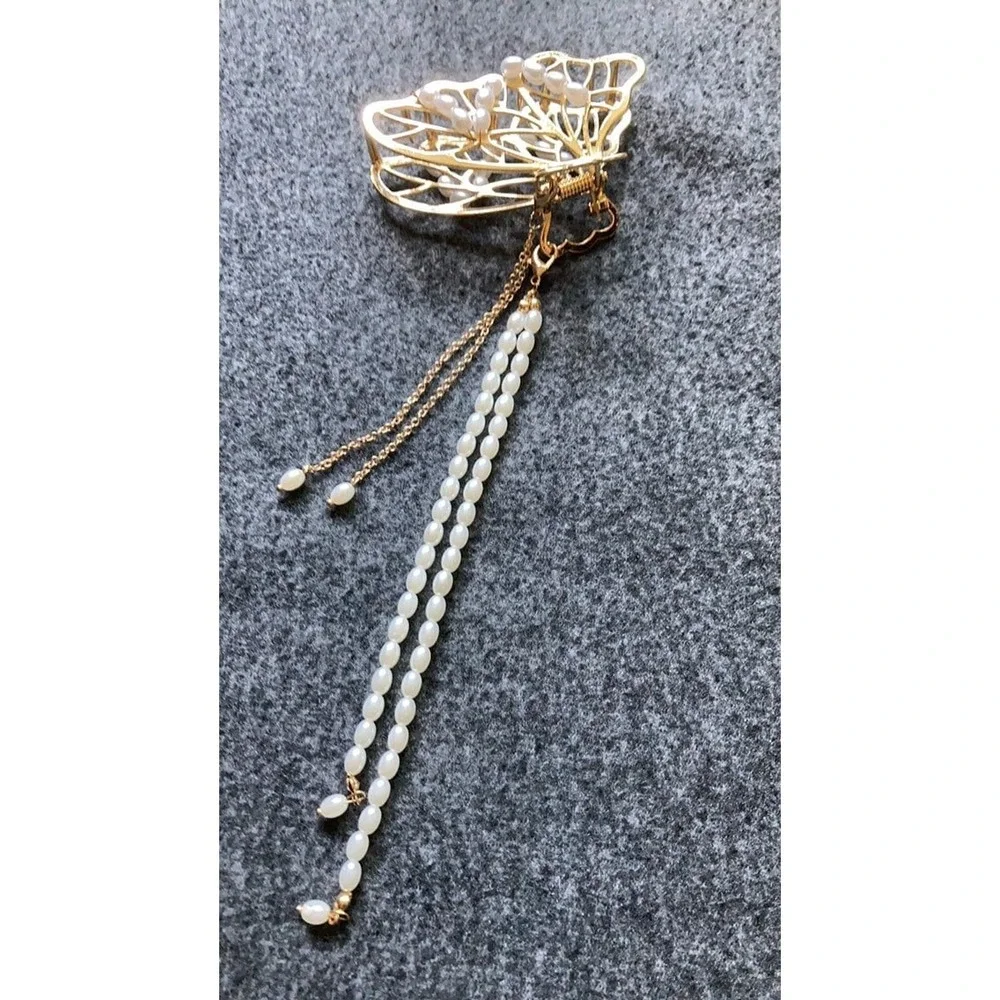 Gold Butterfly Hair Claw Clip Pearls Tassel Elegant Women Hair Accessory‎